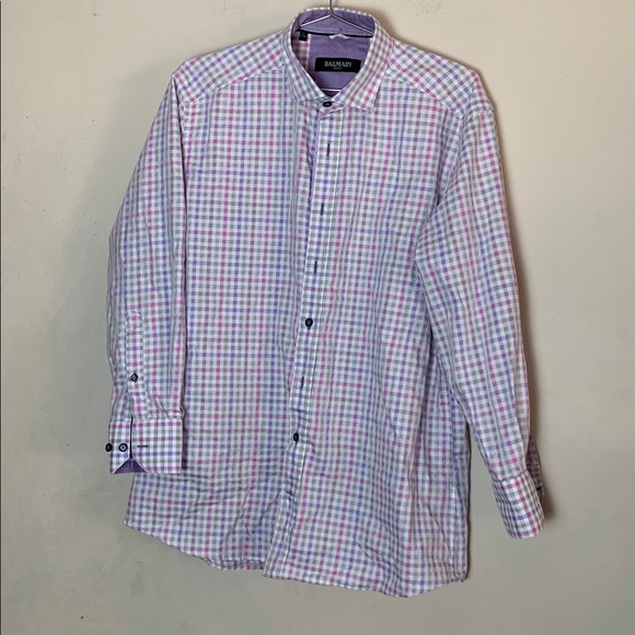 Balmain Paris Button Up Shirt Plaid Two Ply Cotton Men's Size Large - Picture 1 of 8